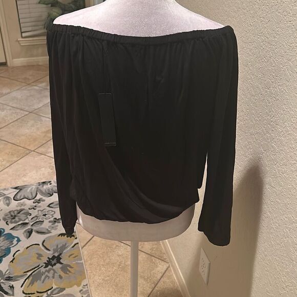 Krisa Women's S Wrapover Blouse Black Dressy Off Shoulder Micro Modal Top NWT - Picture 6 of 11